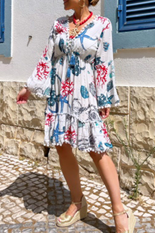 Bell Sleeve V Neck Coral Starfish Short Dress