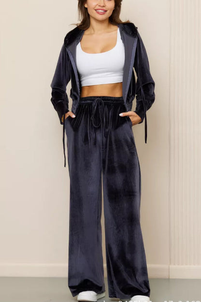 Fashion Zipper Open Velvet Casual Two -piece Suit