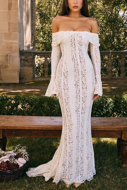 Floral Lace Off Shoulder Flare Sleeve Fishtail Maxi Dresses-White