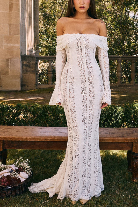 Floral Lace Off Shoulder Flare Sleeve Fishtail Maxi Dresses-White