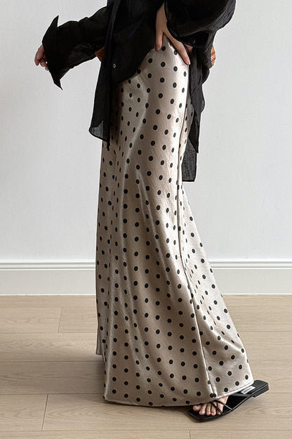 Vintage Polka Dot Satin High Waist A-line Midi Skirt