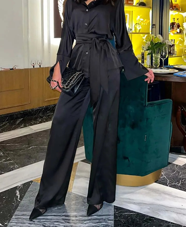 Blue Satin Lace-Up Straight Trousers Office Two Piece Set