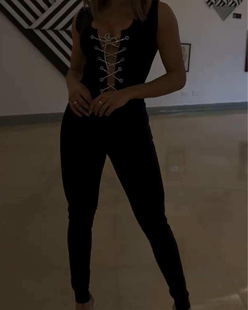 Lace-Up V-Neck Cut-Out Sexy Jumpsuit (Pre-Sale)