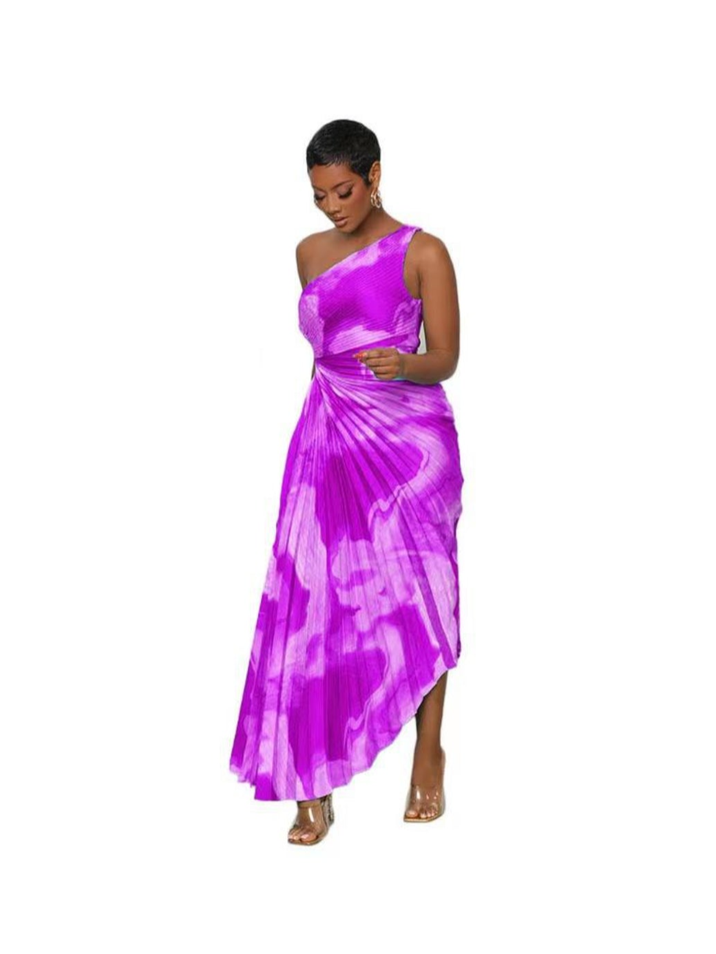 One Shoulder Tie Dye Print Pleated Cutout Dress