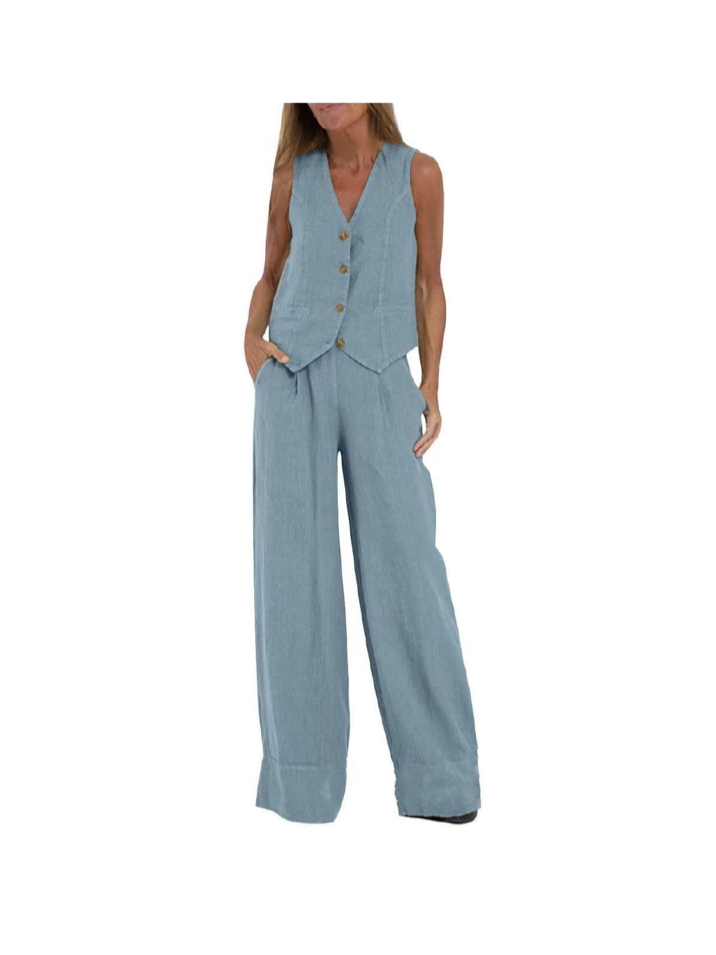 Waist Coat Vest & Wide Leg Pants Coord Set