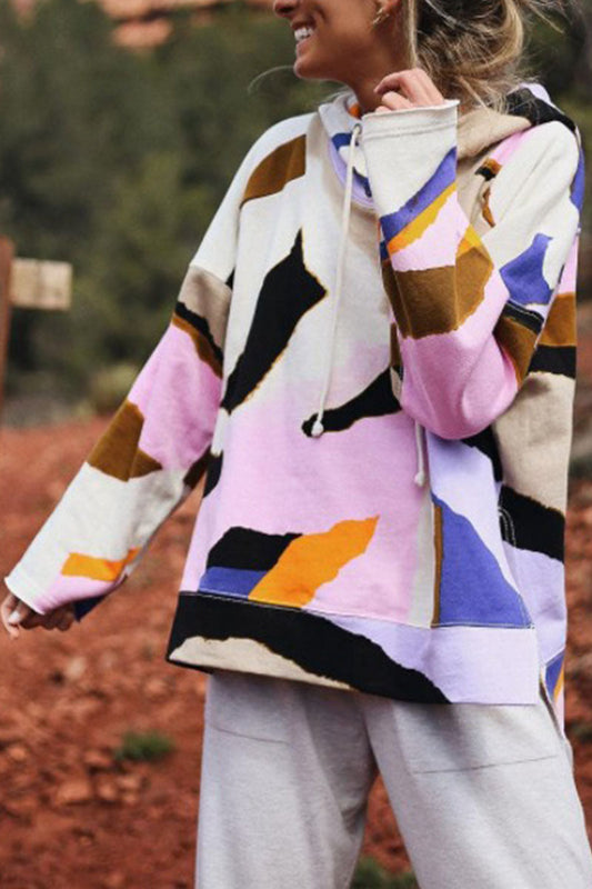 Fashion Casual Print Patchwork Hooded Collar Tops