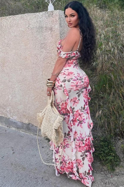 Floral Fitted Spaghetti Strap Casual Maxi Dress