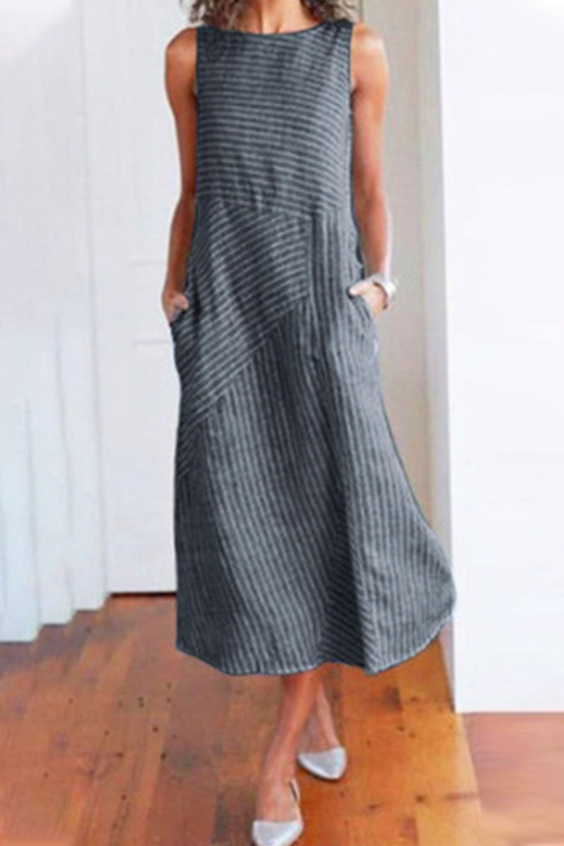Fashion Street Striped Patchwork O Neck Sleeveless Dresses(6 colors)