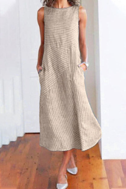 Fashion Street Striped Patchwork O Neck Sleeveless Dresses(6 colors)