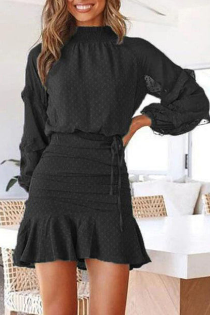 Fashion Street Dot Flounce O Neck Long Sleeve Two Pieces(4 colors)