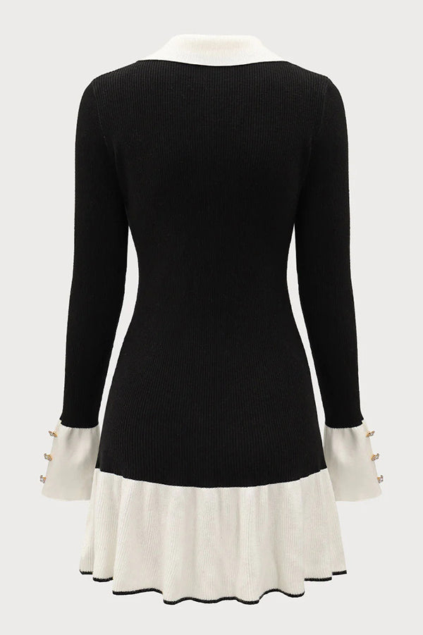 Stylish Color-blocked Long-sleeved Button-decorated Knitted Mini Dress