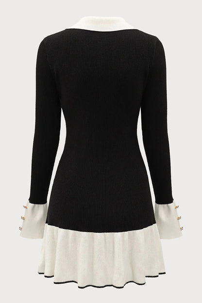 Stylish Color-blocked Long-sleeved Button-decorated Knitted Mini Dress
