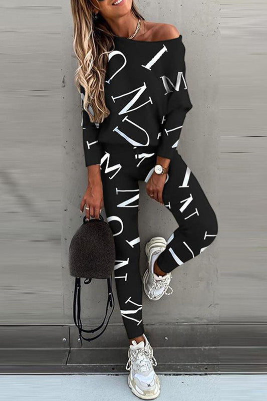 Fashion Casual Letter Oblique Collar Long Sleeve Two Pieces(5 Colors)