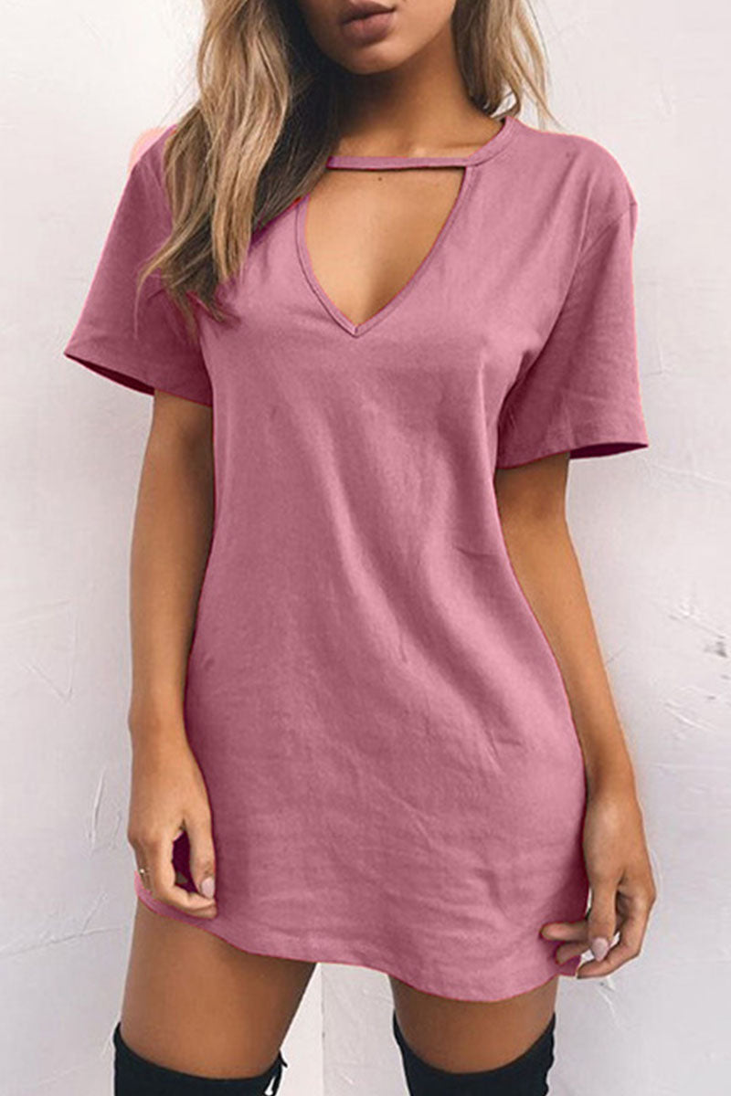 Fashion Casual Solid Patchwork V Neck A Line Dresses(11 Colors)