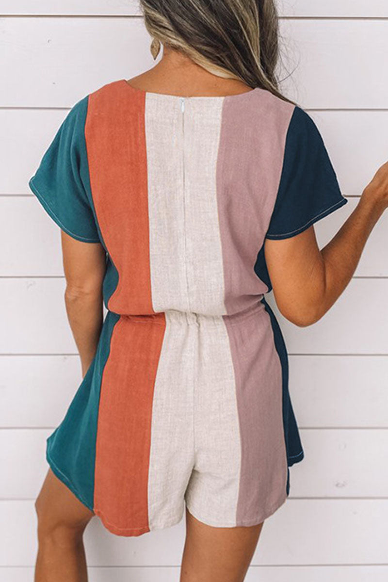 Fashion Casual Striped Patchwork V Neck Loose Rompers