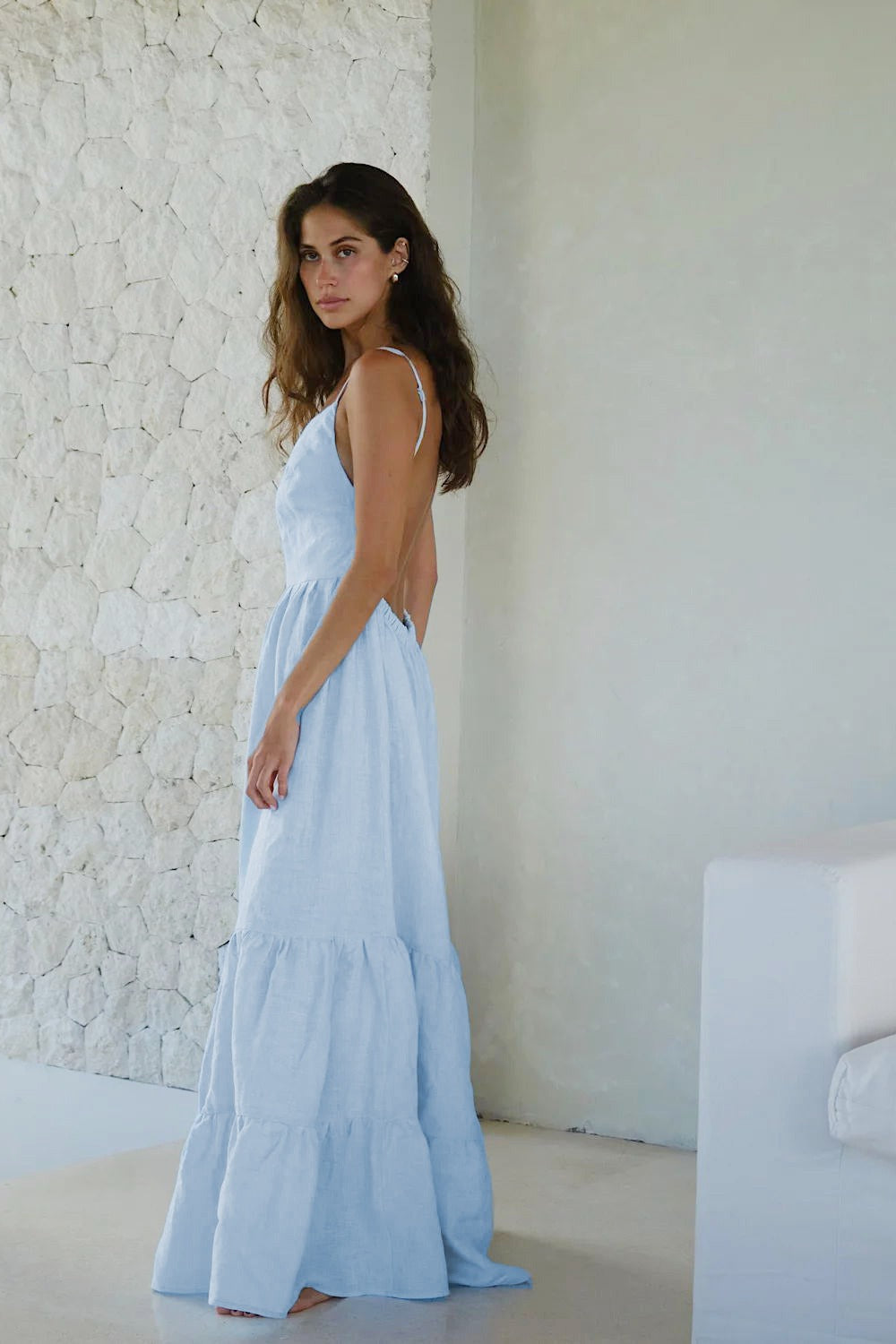 Spaghetti Strap Backless Ruffle Maxi Dress