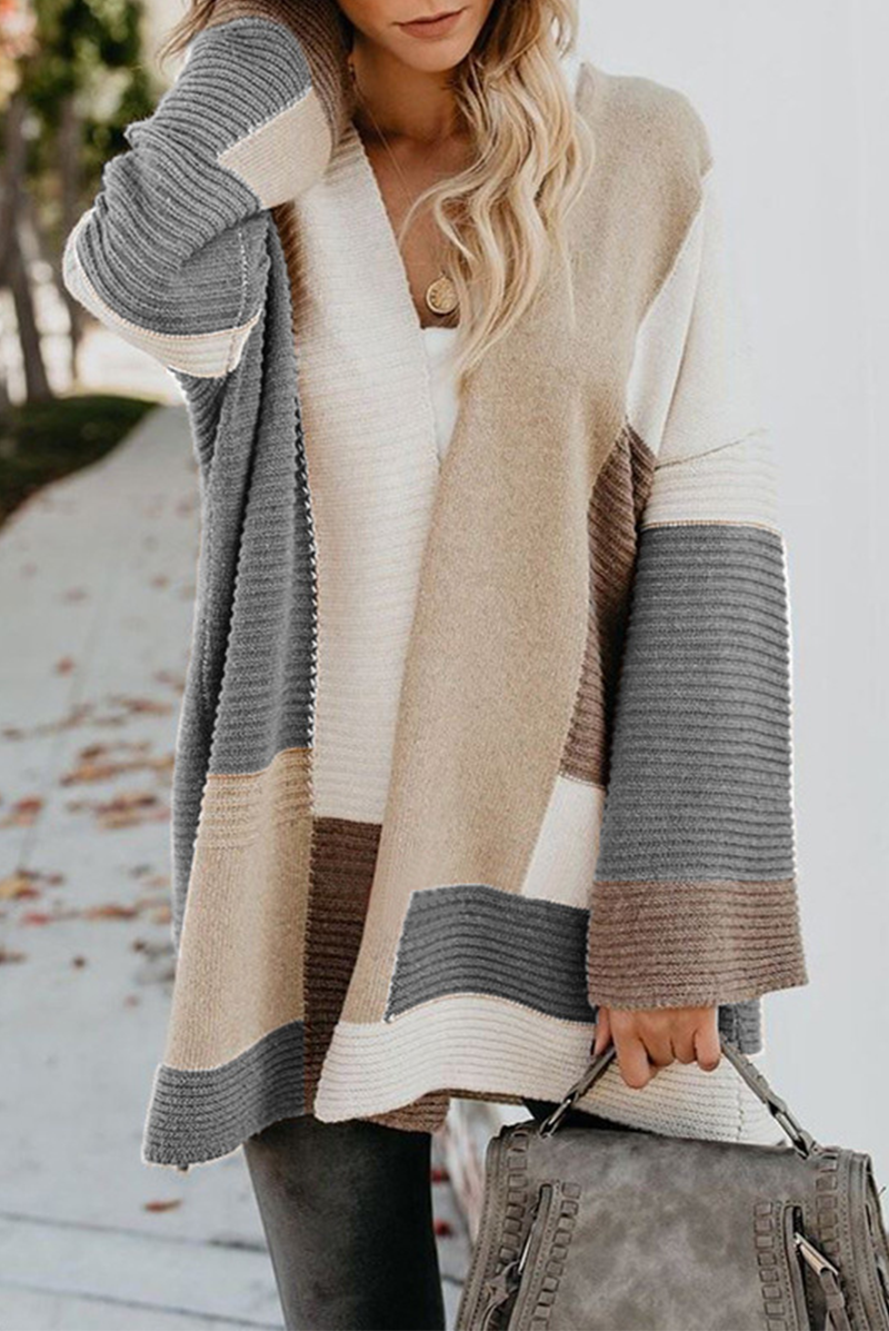 Casual Color Block Patchwork V Neck Outerwear