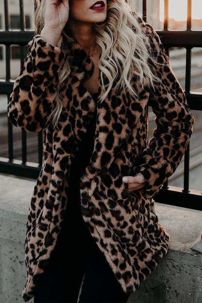 Fashion Elegant Leopard Pocket Basic Turndown Collar Outerwear
