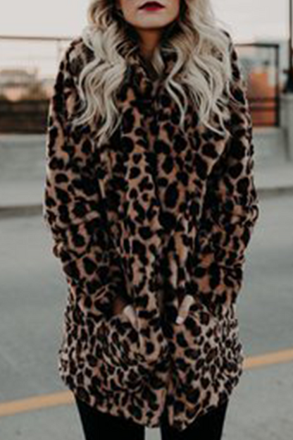 Fashion Elegant Leopard Pocket Basic Turndown Collar Outerwear