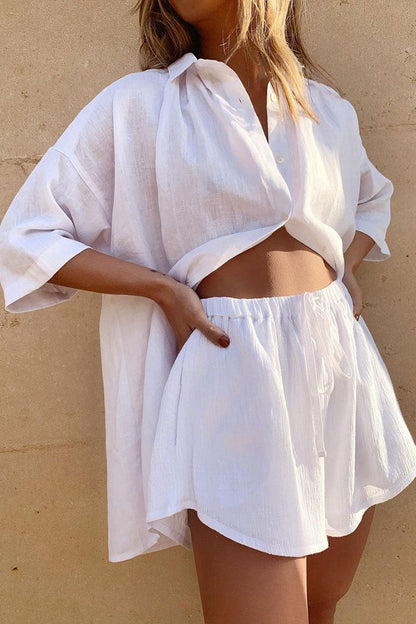 Fashion Casual Solid Patchwork Turndown Collar Half Sleeve Two Pieces