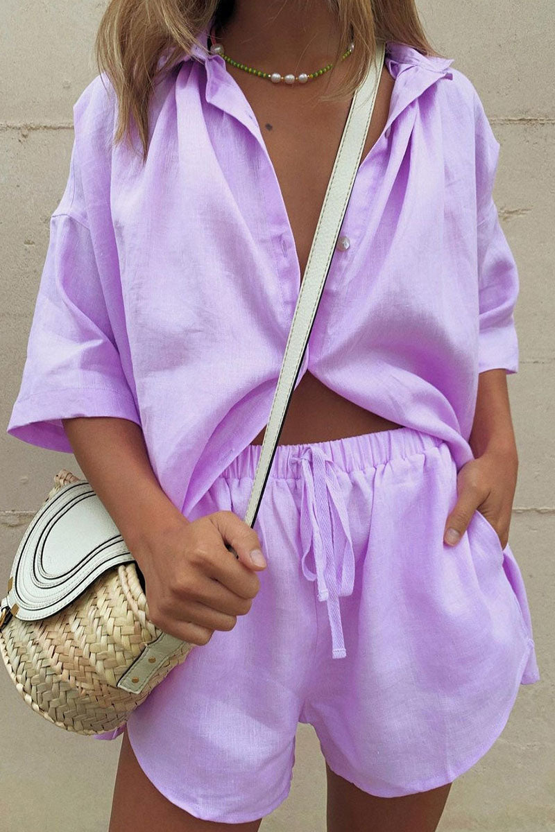 Fashion Casual Solid Patchwork Turndown Collar Half Sleeve Two Pieces