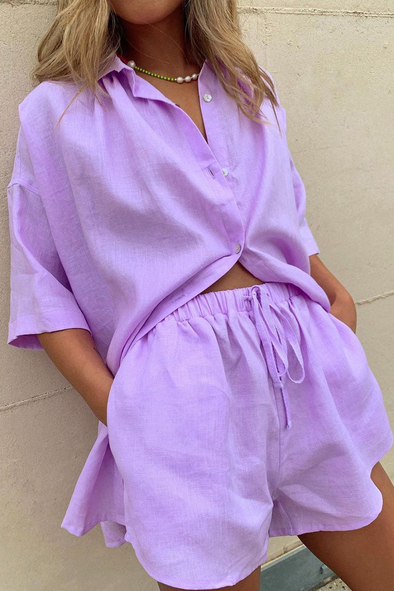 Fashion Casual Solid Patchwork Turndown Collar Half Sleeve Two Pieces