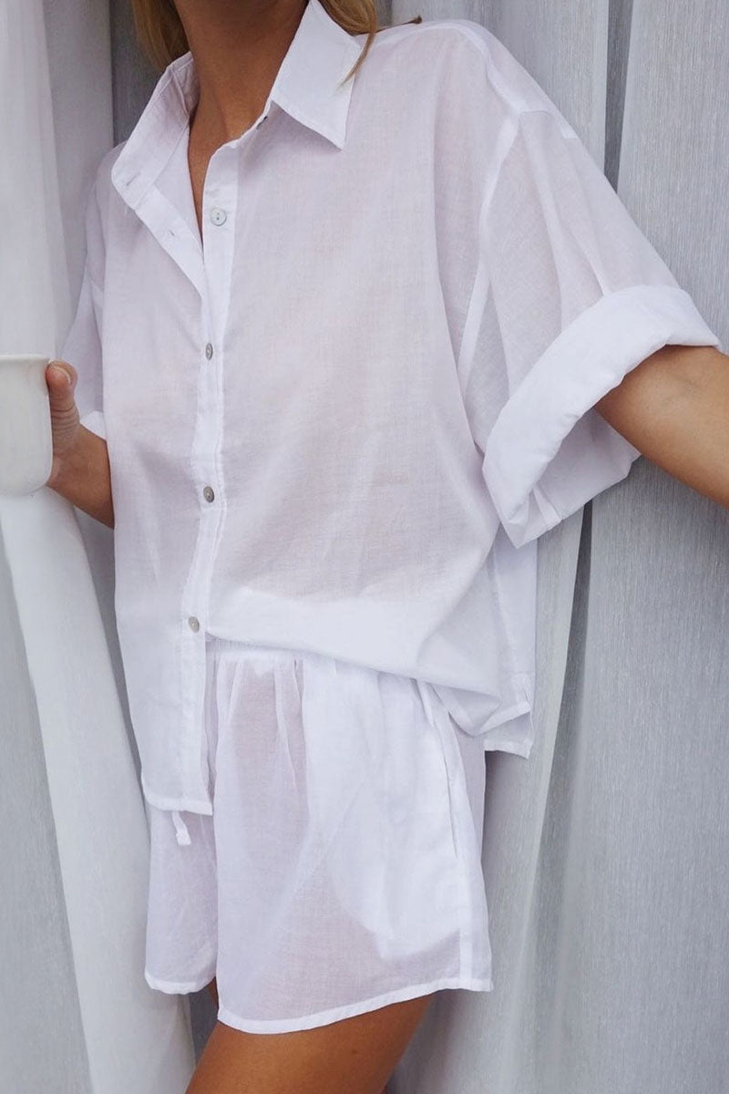 Fashion Casual Solid Patchwork Turndown Collar Half Sleeve Two Pieces