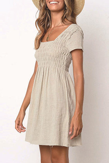 Fashion Casual Solid Patchwork Square Collar Pleated Dresses(3 Colors)