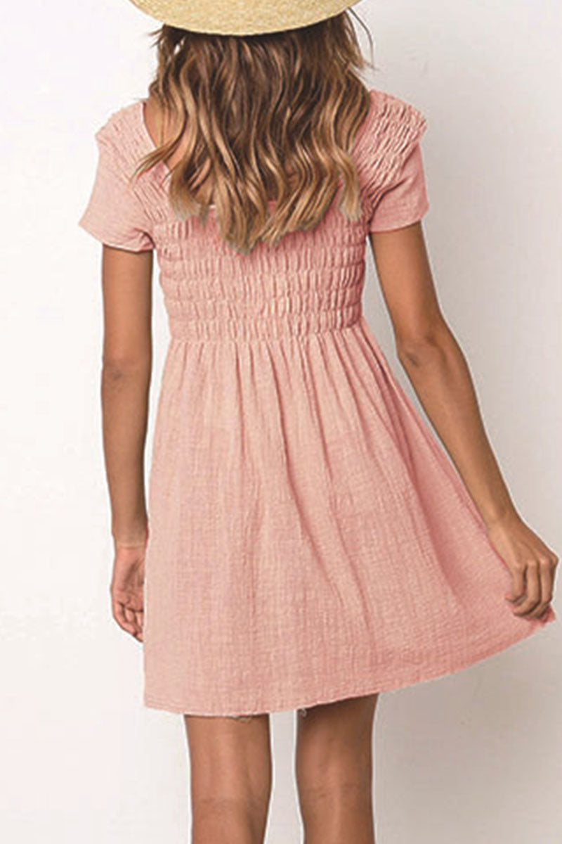 Fashion Casual Solid Patchwork Square Collar Pleated Dresses(3 Colors)