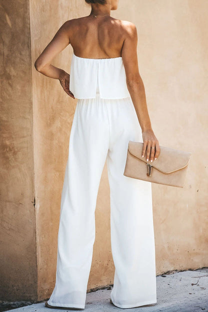 Fashion Street Solid Split Joint Strapless Loose Jumpsuits