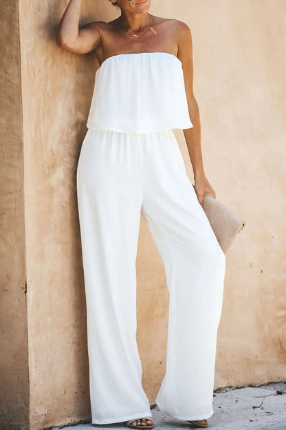 Fashion Street Solid Split Joint Strapless Loose Jumpsuits