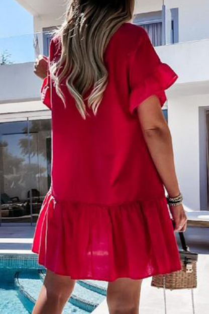 Fashion Sweet Solid Tassel Patchwork Flounce V Neck A Line Dresses(4 Colors)