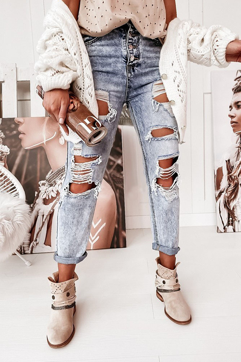 Street Solid Ripped Hollowed Out Regular Jeans