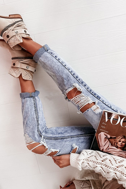 Street Solid Ripped Hollowed Out Regular Jeans