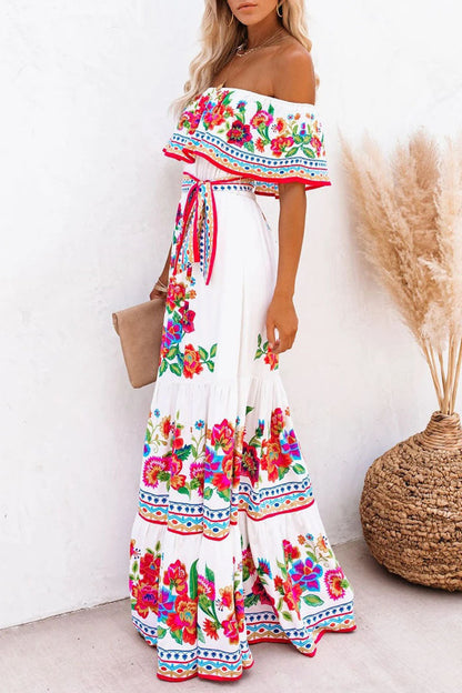 Fashion Street Print Off the Shoulder A Line Dresses(6 Colors)