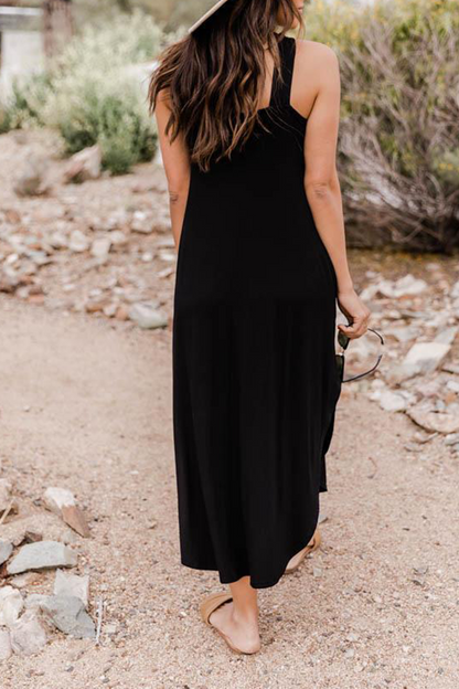 Casual Loose Solid Color Pocket Cross Collar Maxi Dress