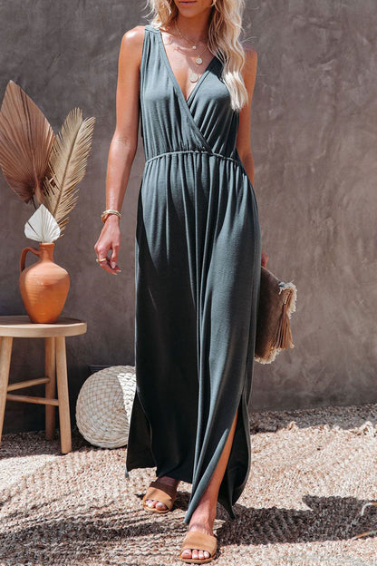 Fashion Solid Slit V Neck A Line Maxi Dresses