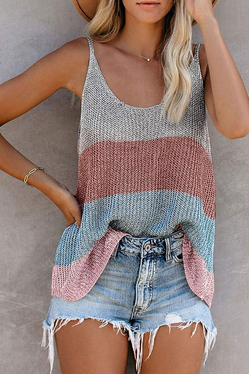 Fashion Street Striped Patchwork U Neck Tops(11 Colors)