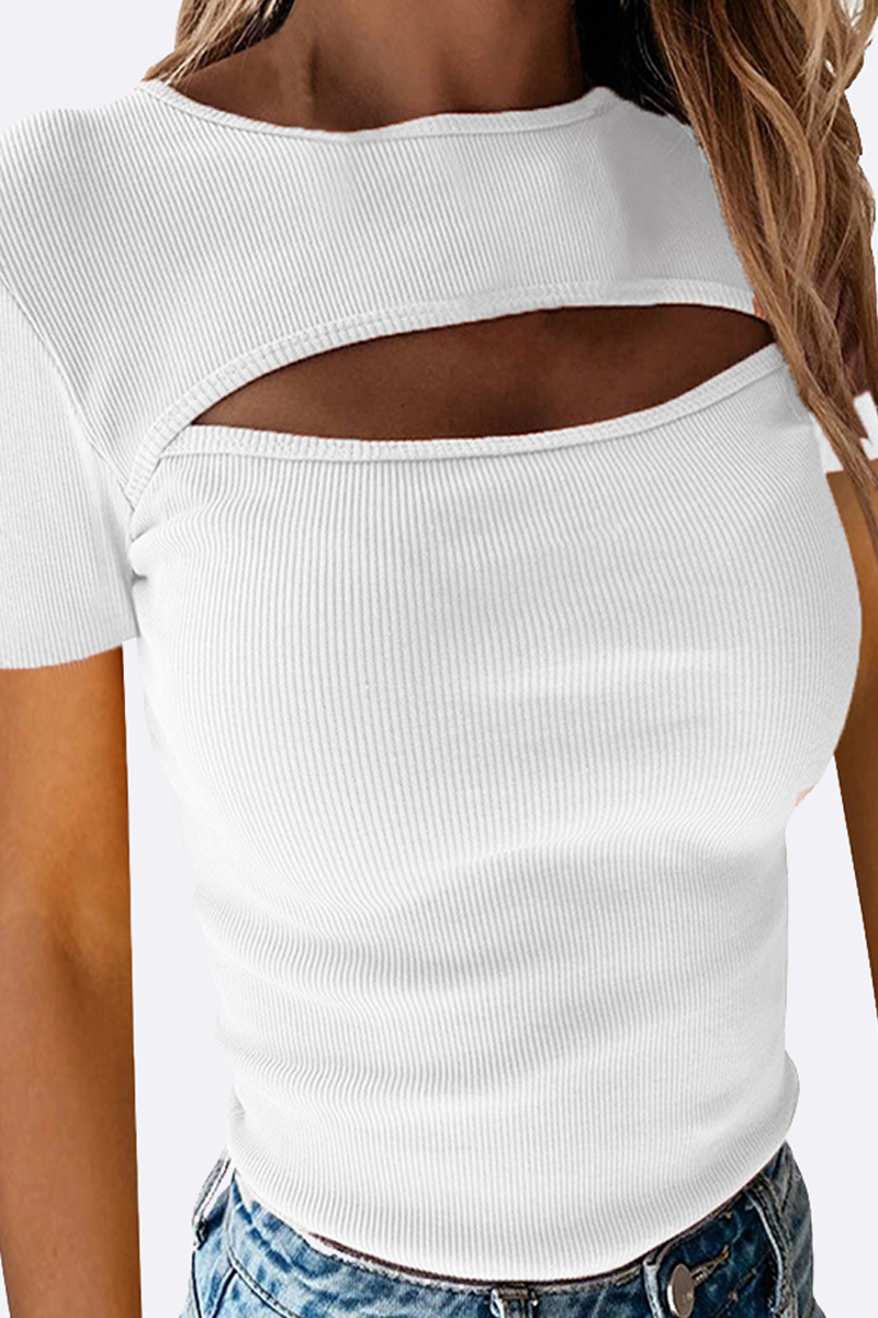 Elegant Solid Hollowed Out O Neck T-Shirts
