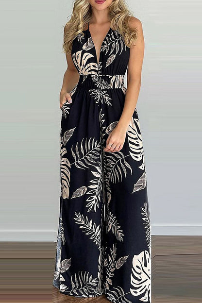 Fashion Simplicity Print Backless V Neck Loose Jumpsuits