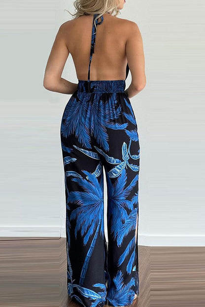 Fashion Simplicity Print Backless V Neck Loose Jumpsuits