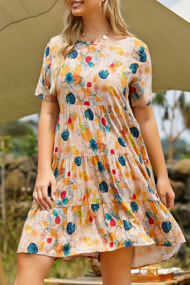 Fashion Casual Print Split Joint O Neck Princess Plus Size Dresses