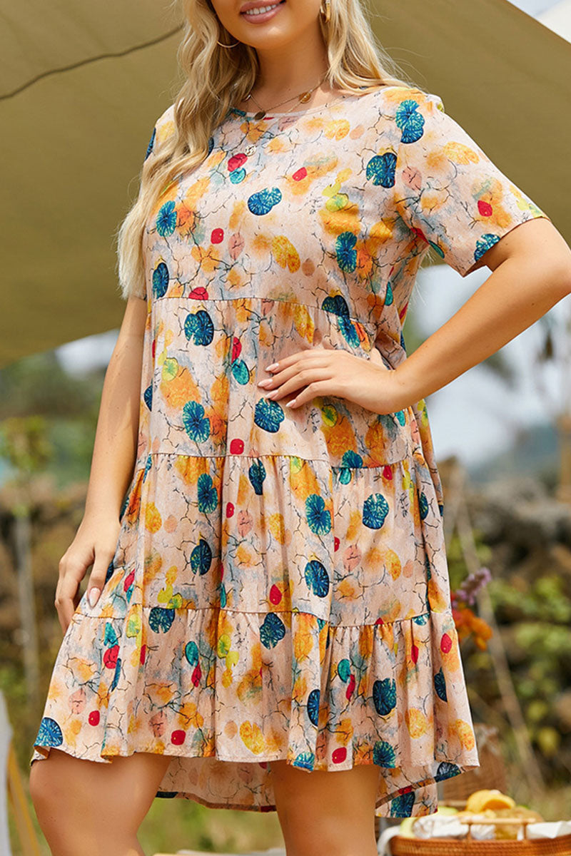 Fashion Casual Print Split Joint O Neck Princess Plus Size Dresses