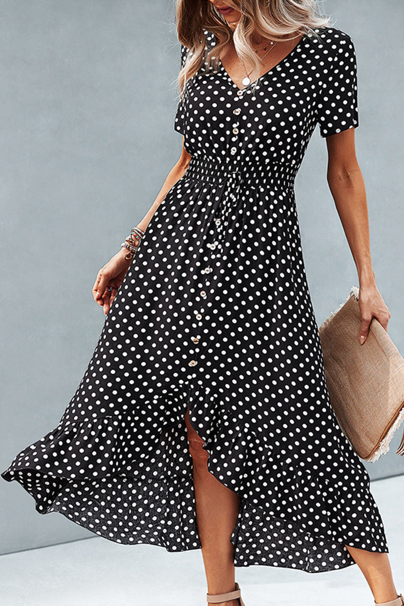 Fashion Street Polka Dot Patchwork V Neck Irregular Dresses