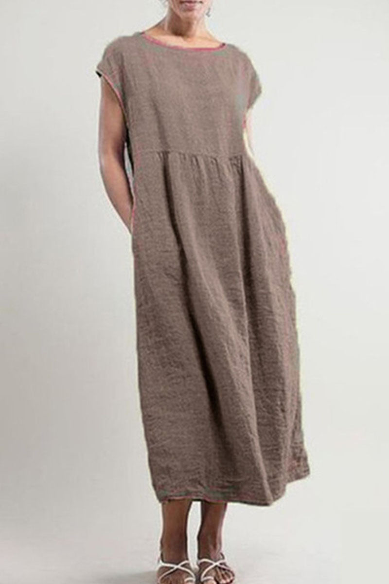 Fashion Vintage Solid Patchwork O Neck A Line Dresses(6 Colors)