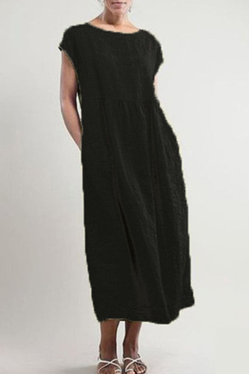 Fashion Vintage Solid Patchwork O Neck A Line Dresses(6 Colors)