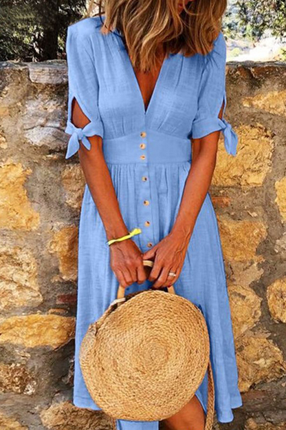 Casual Elegant Buckle Knotted V Neck Dresses(4 Colors)