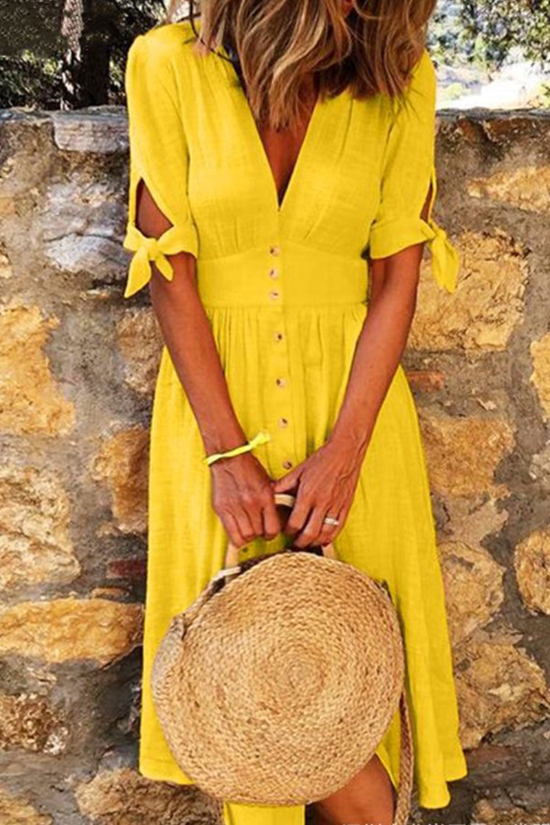 Casual Elegant Buckle Knotted V Neck Dresses(4 Colors)