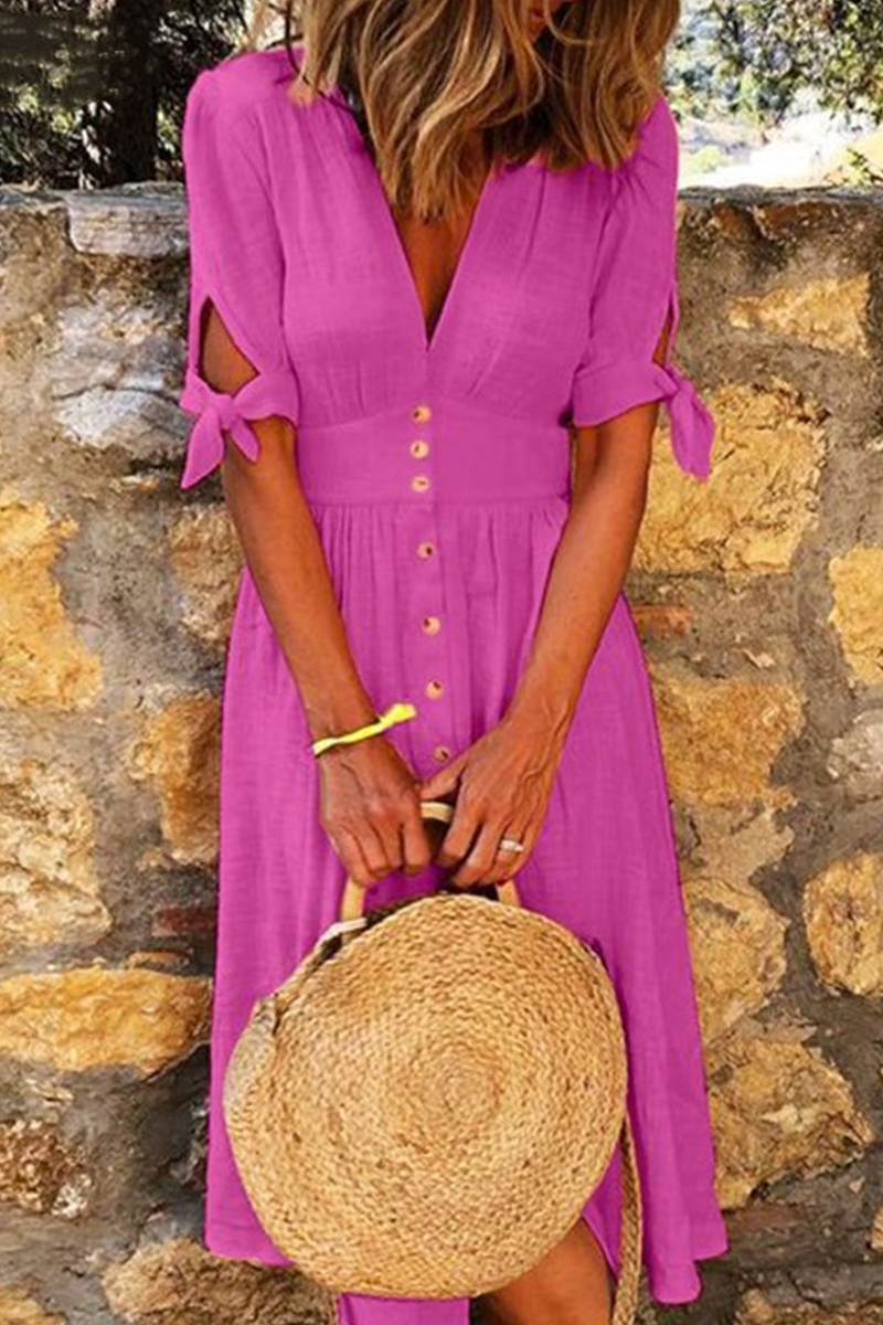 Casual Elegant Buckle Knotted V Neck Dresses(4 Colors)