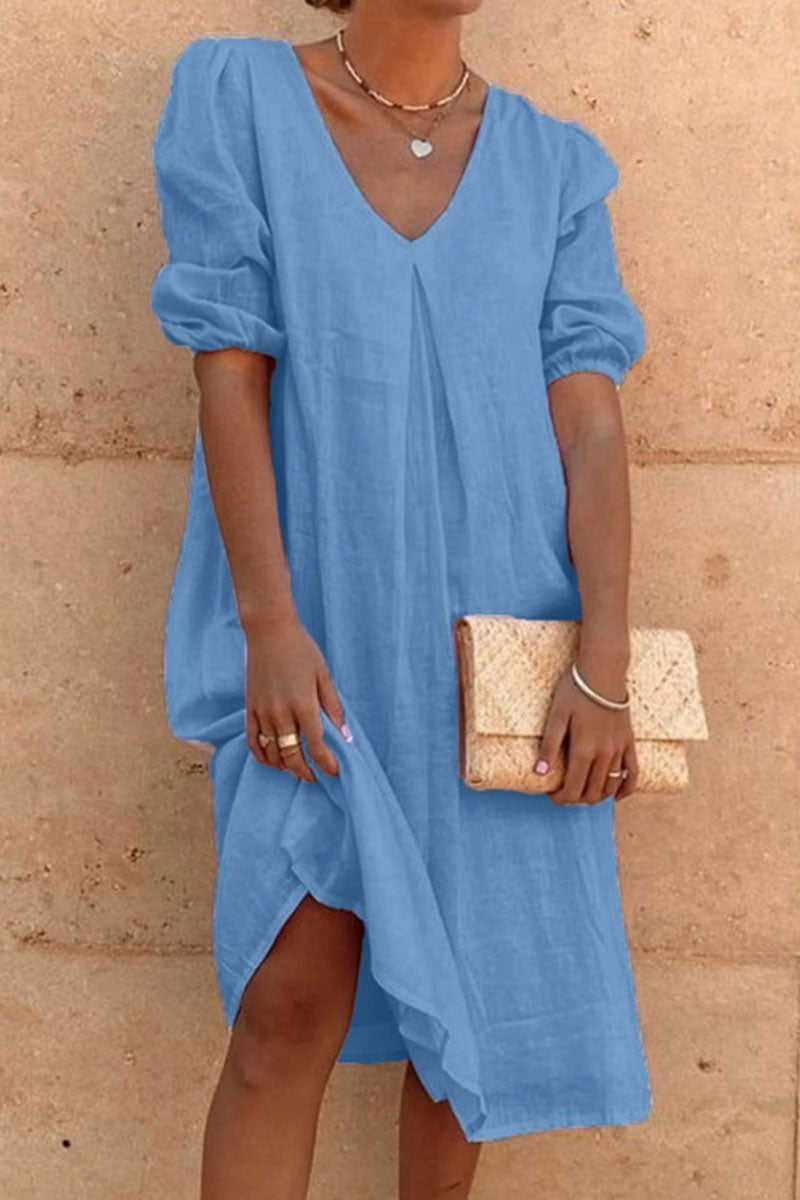 Casual Solid V Neck Princess Dresses(6 Colors)